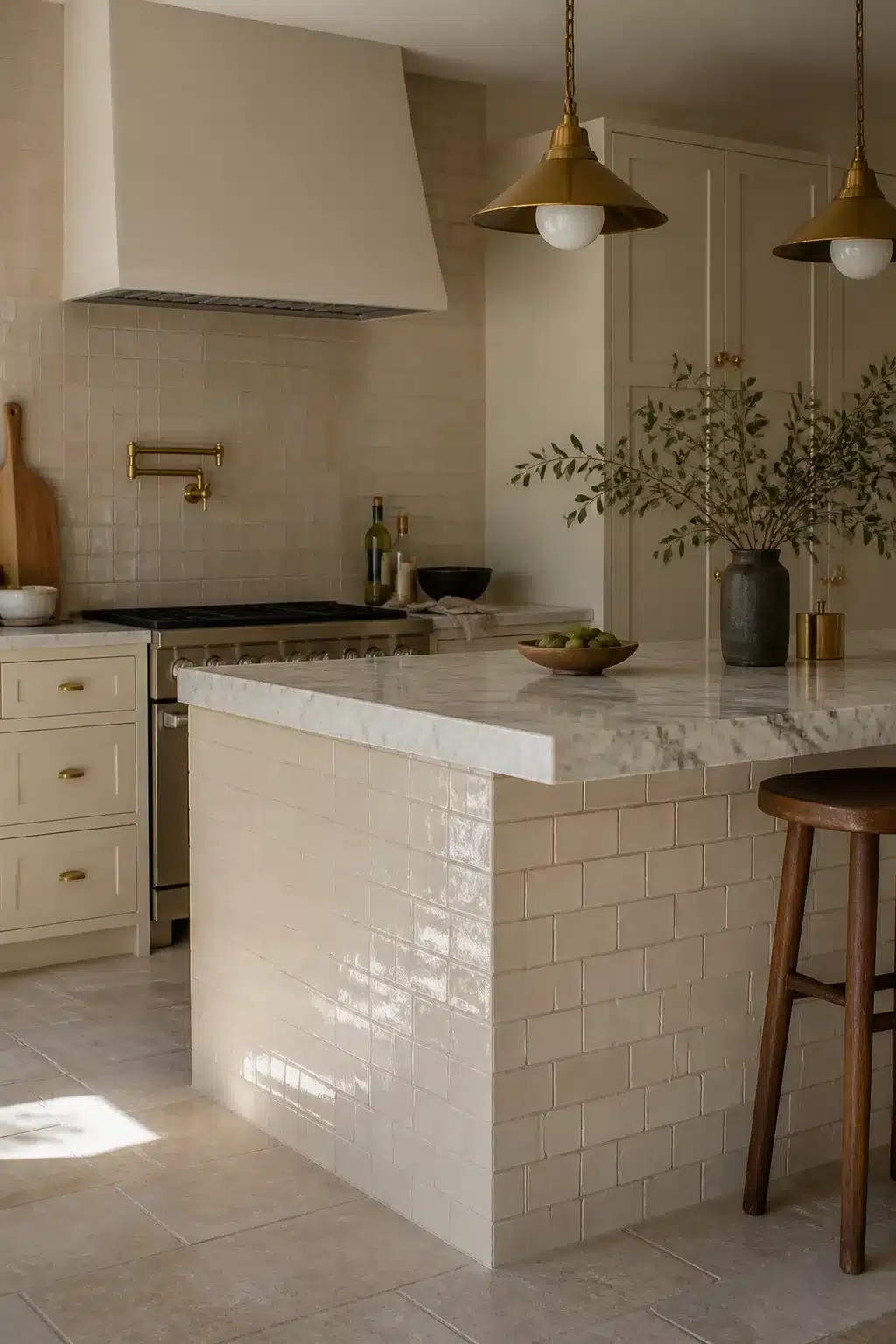 Cream kitchen tiles wrapping a kitchen island base with marble countertop and brass pendant lights
