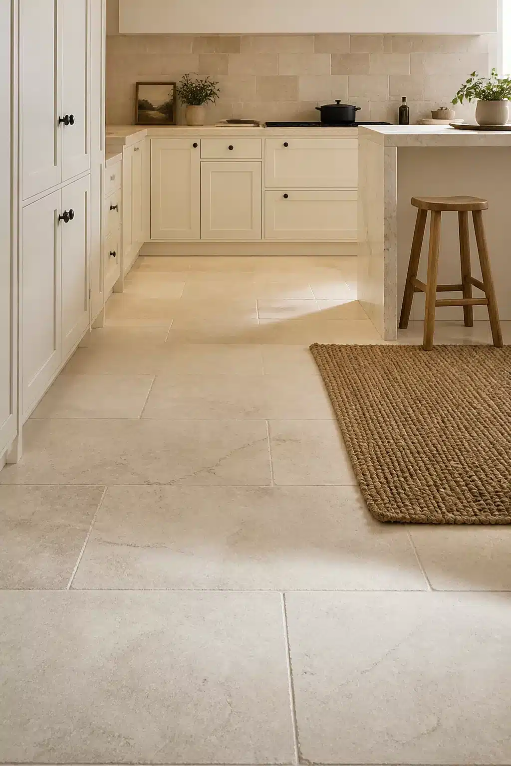Cream kitchen tiles in large-format limestone-effect with shaker cabinets, black hardware, and a jute rug at the island