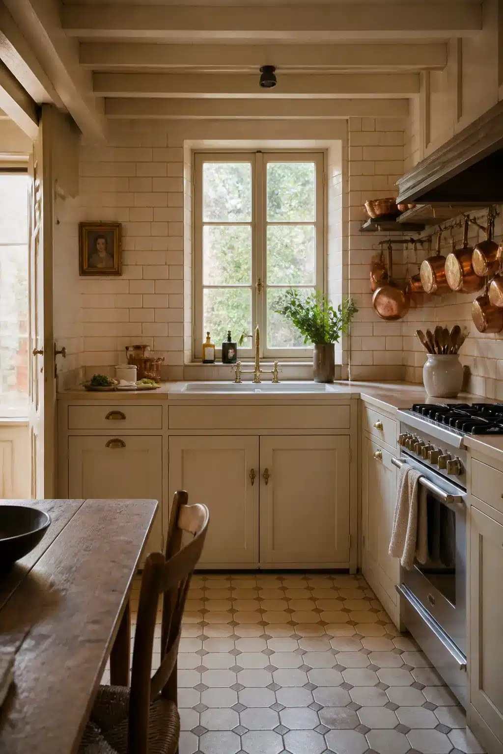 Cream kitchen tiles with terracotta grout, putty cabinets, copper pans, and a brass bridge faucet over an apron sink.