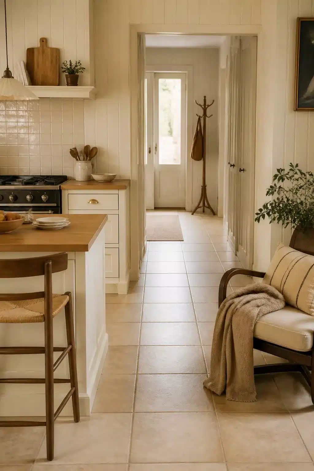 Large cream floor tiles in a boot room-style kitchen and hallway entry — cream kitchen tiles with warm wood accents