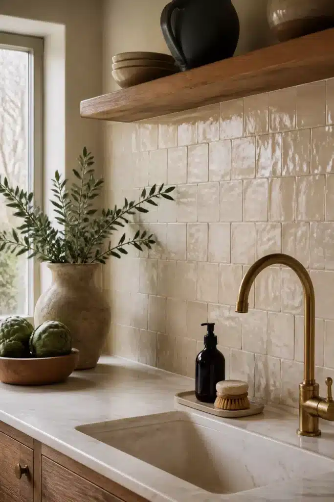 Cream zellige kitchen tiles with brass faucet, wood shelf, and marble countertop in a warm neutral kitchen
