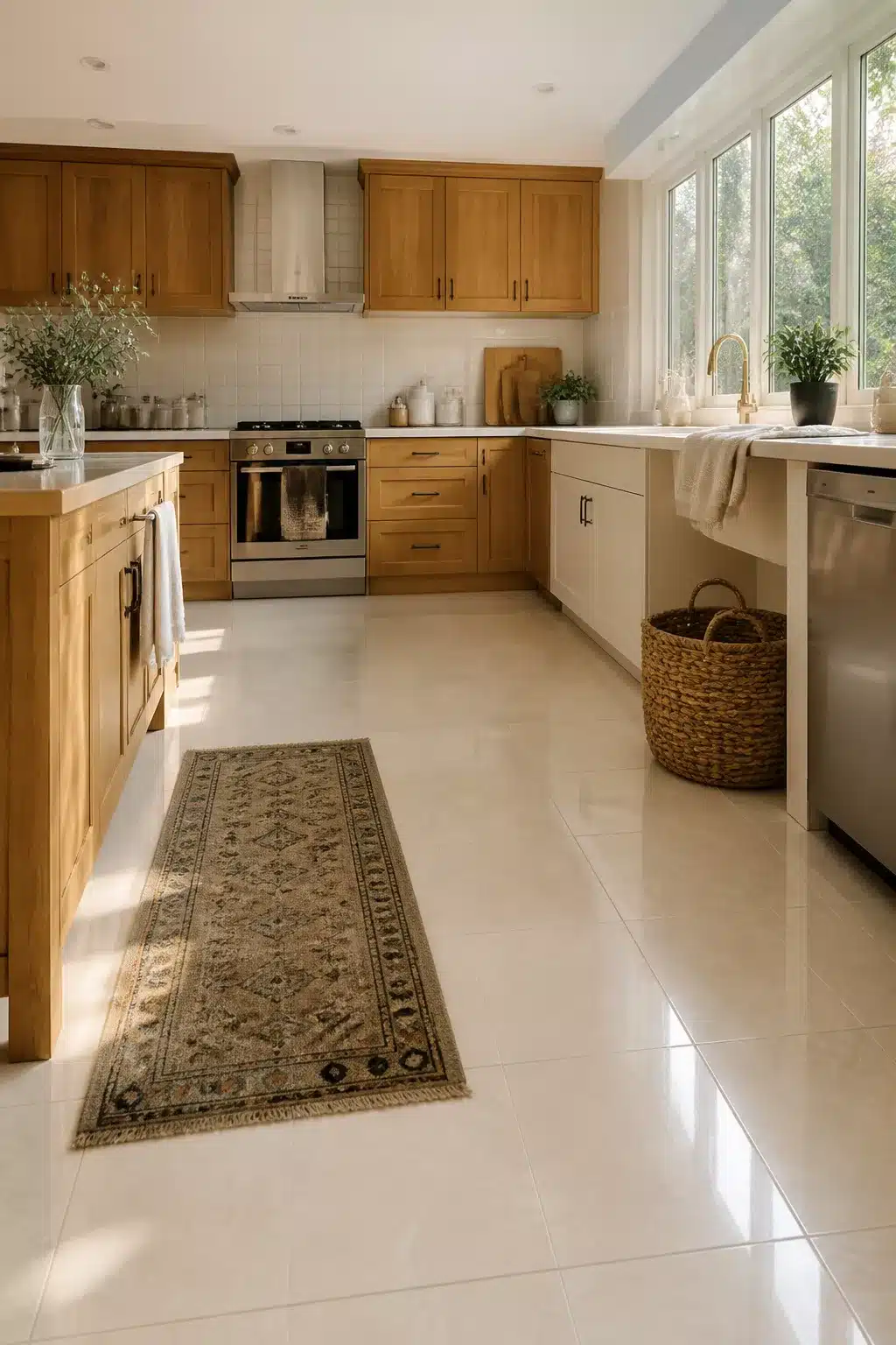 Large-format cream kitchen tiles on a bright floor with oak cabinetry, a vintage runner, and natural light