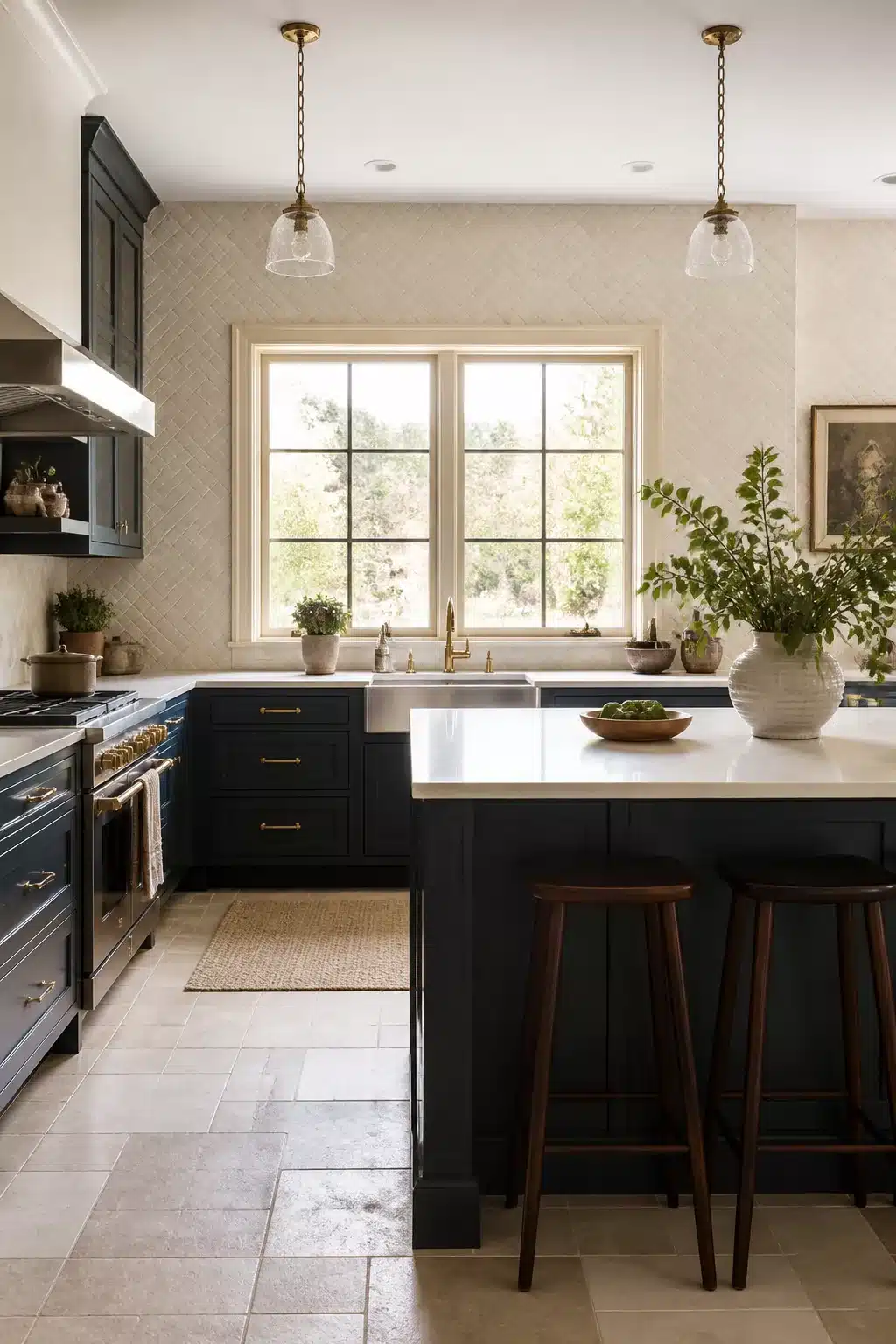 Cream herringbone backsplash tiles with dark navy kitchen cabinets, brass hardware, and stone floor — cream kitchen tiles idea