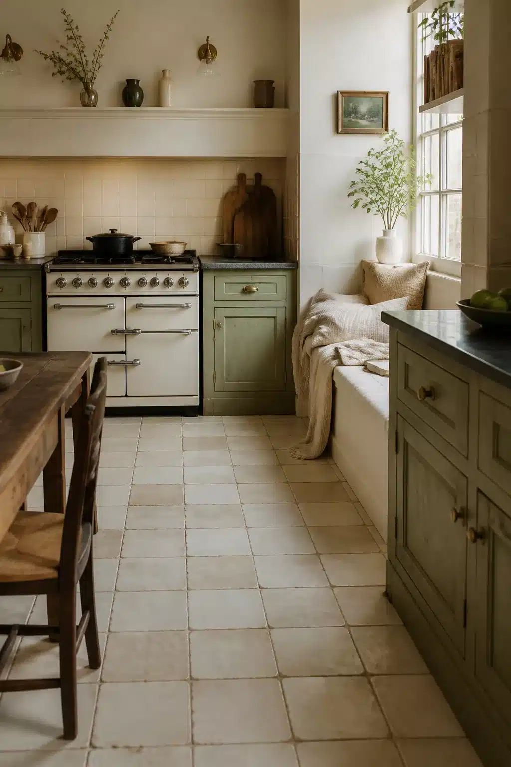 Aged cream terracotta floor tiles in a sage green kitchen with a cream range — cream kitchen tiles idea
