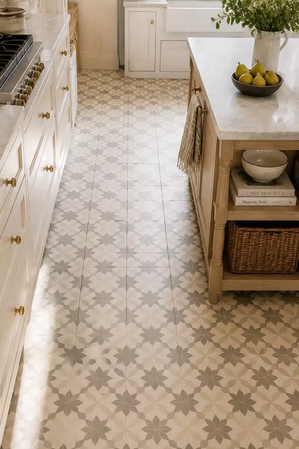 Cream kitchen tiles with gray star encaustic cement floor pattern, white cabinets and brass hardware