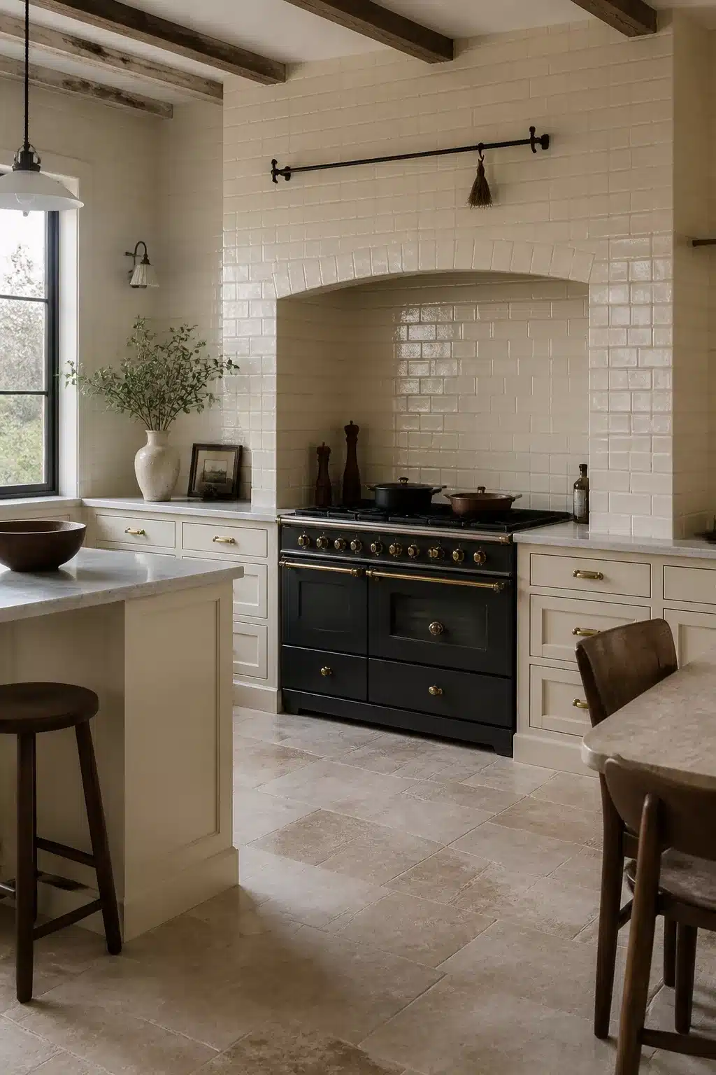 Cream glazed brick kitchen tiles lining an arched range alcove with black range and cream shaker cabinets