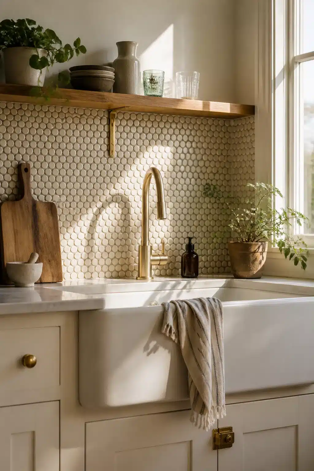 Cream penny round kitchen tiles with farmhouse sink, brass faucet, and wood open shelf in a bright kitchen