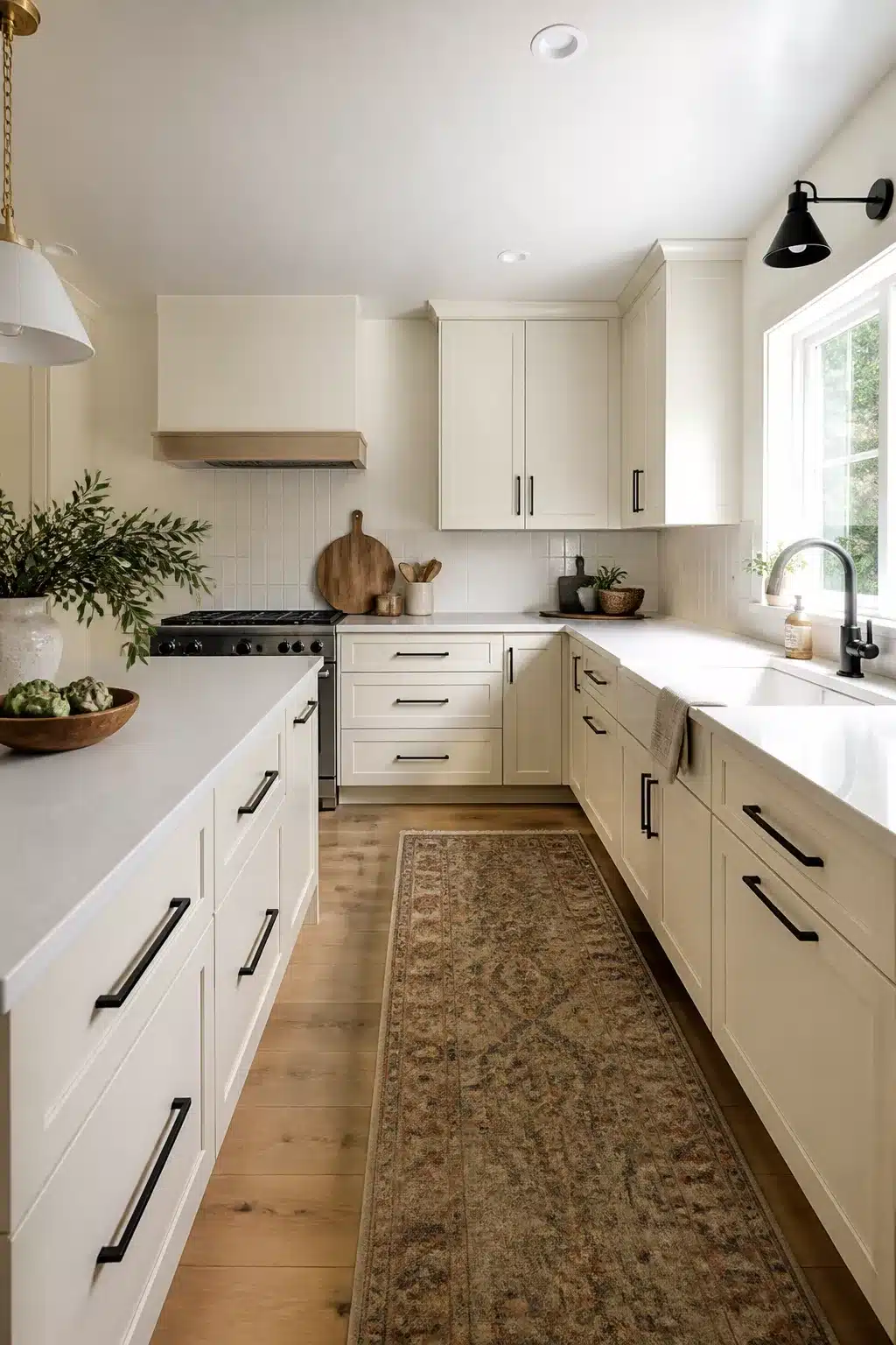 Cream kitchen with black handles — classic shaker cabinets, matte black bar pulls, wood floors, and a vintage runner.