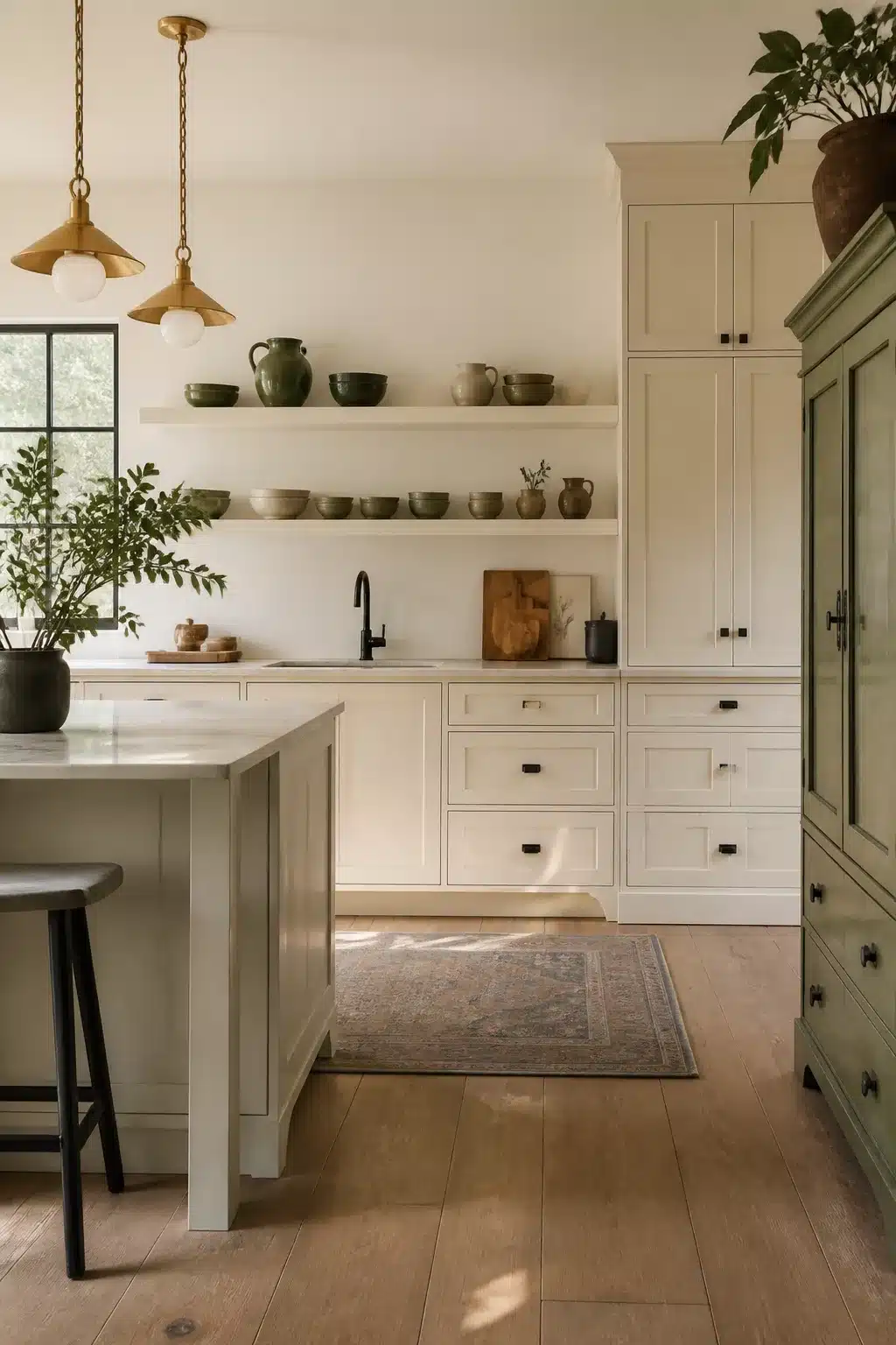 Cream kitchen with black handles, sage green armoire and warm brass pendant lights over a shaker cabinet layout