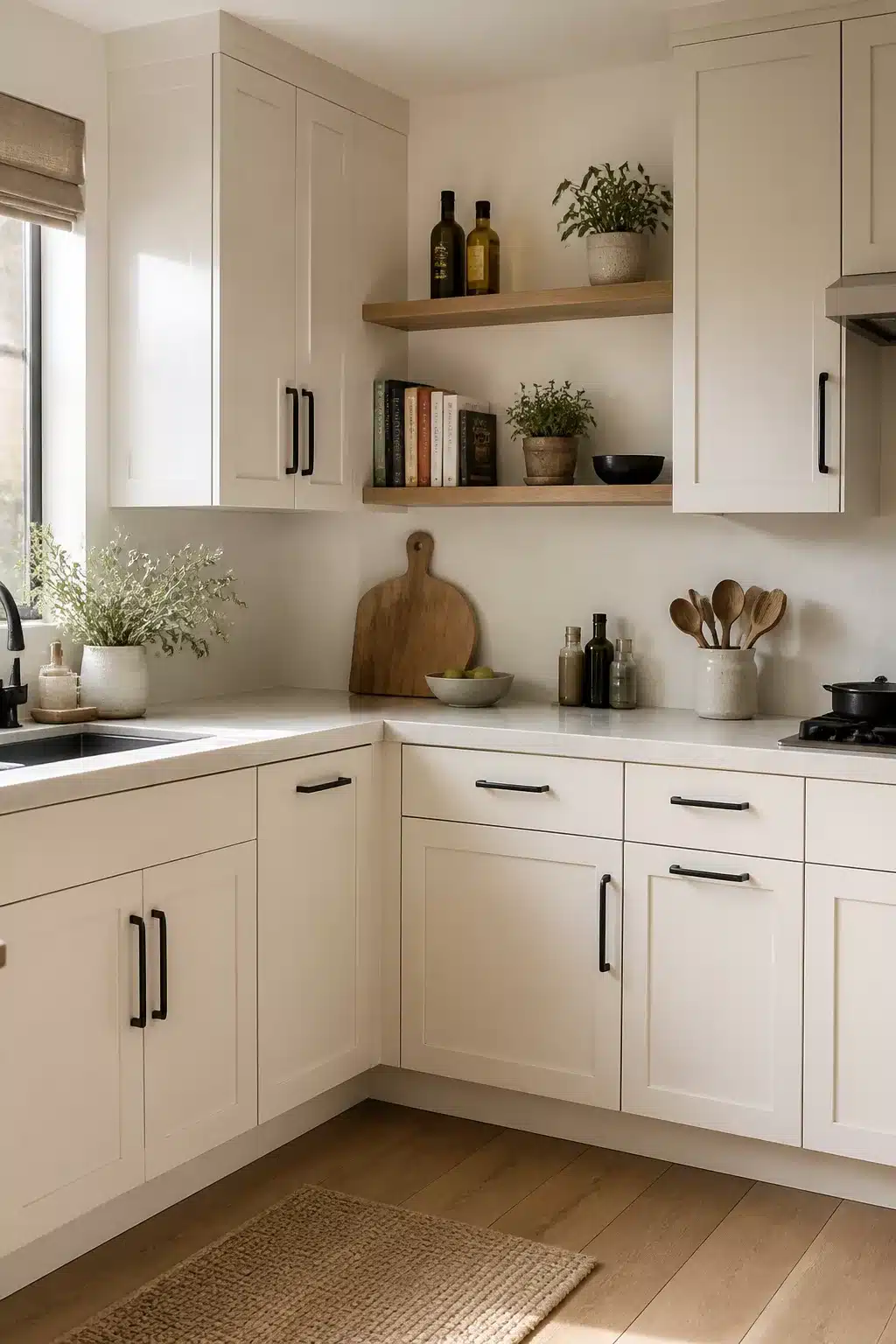 Cream kitchen with black handles featuring oak floating shelves, shaker cabinets, and white quartz countertops