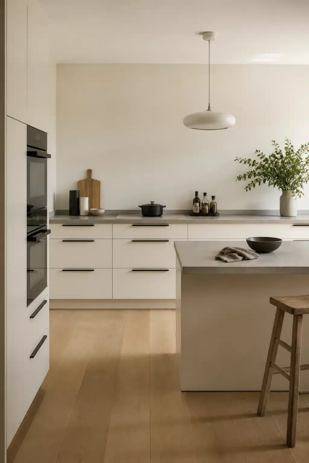 Flat-front cream kitchen with black handles, concrete countertops, dome pendant light, and maple wood floors