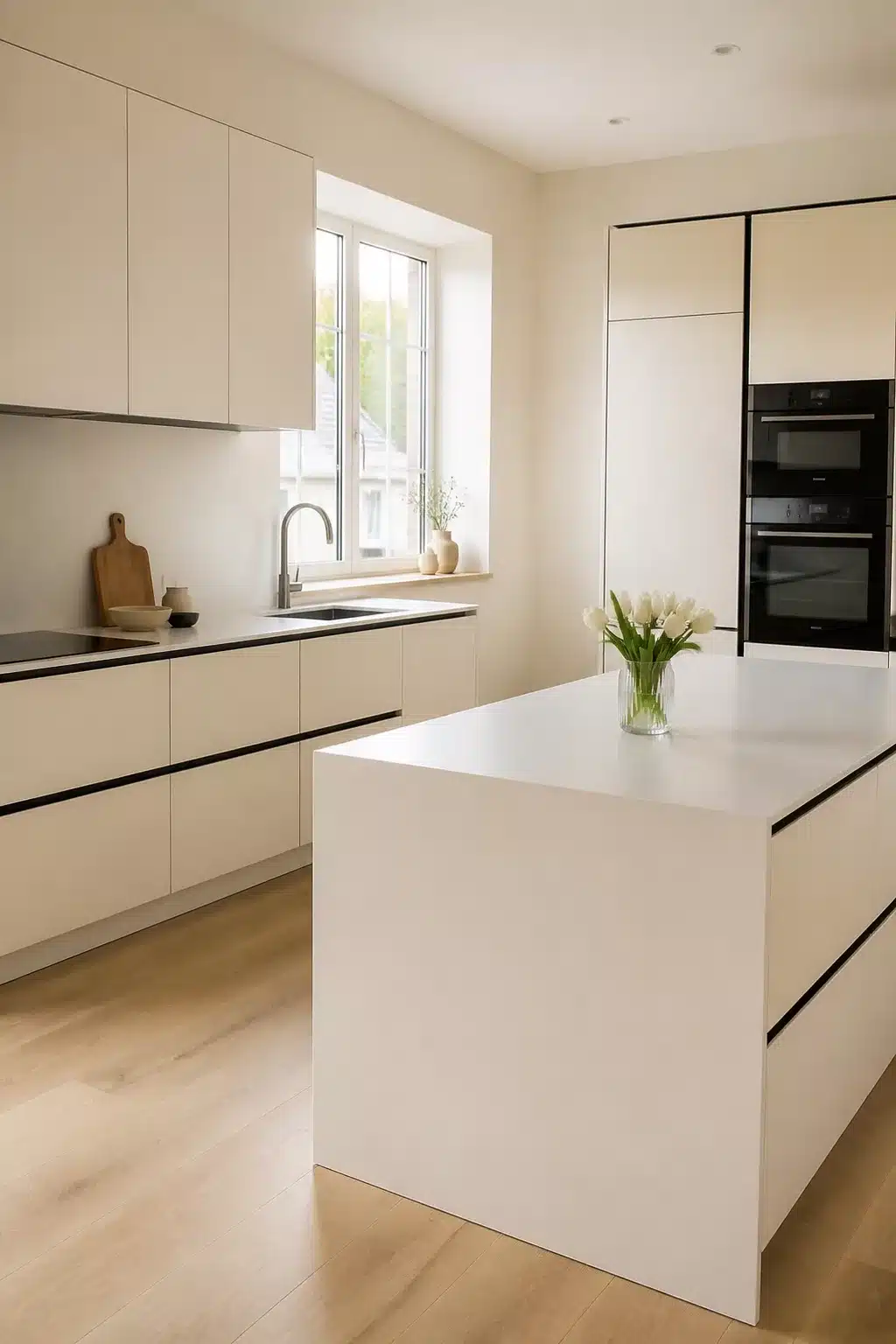 Cream kitchen with black handles featuring flat-front cabinets, a white waterfall island, and pale oak floors