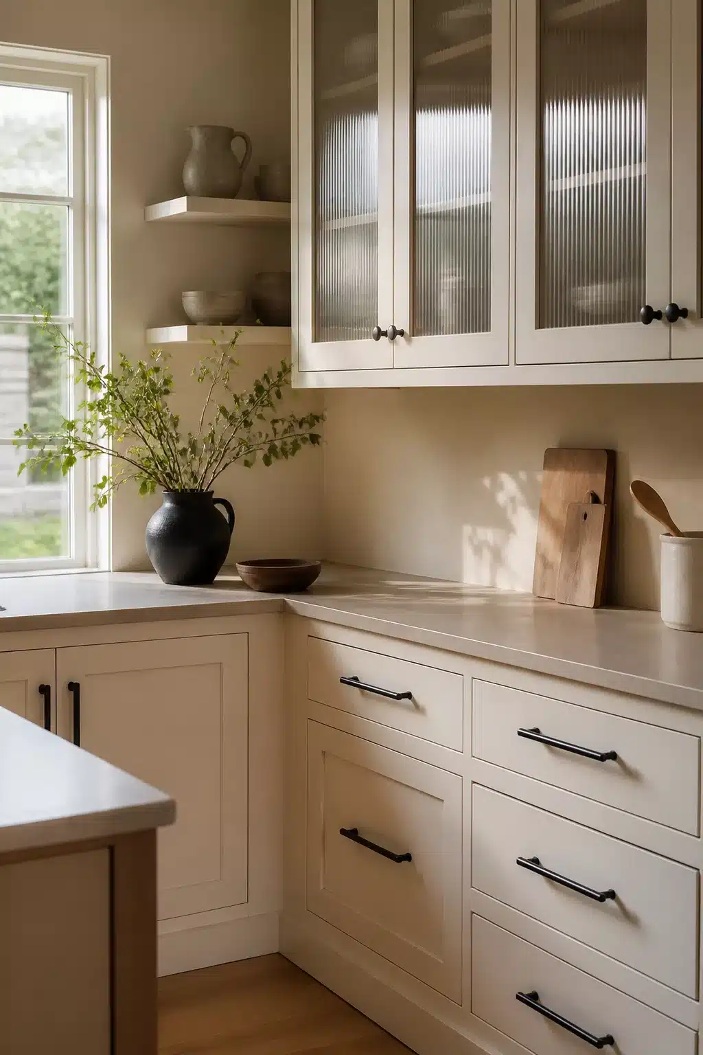 Cream kitchen with black handles featuring fluted glass upper cabinets, open shelves, and warm natural light