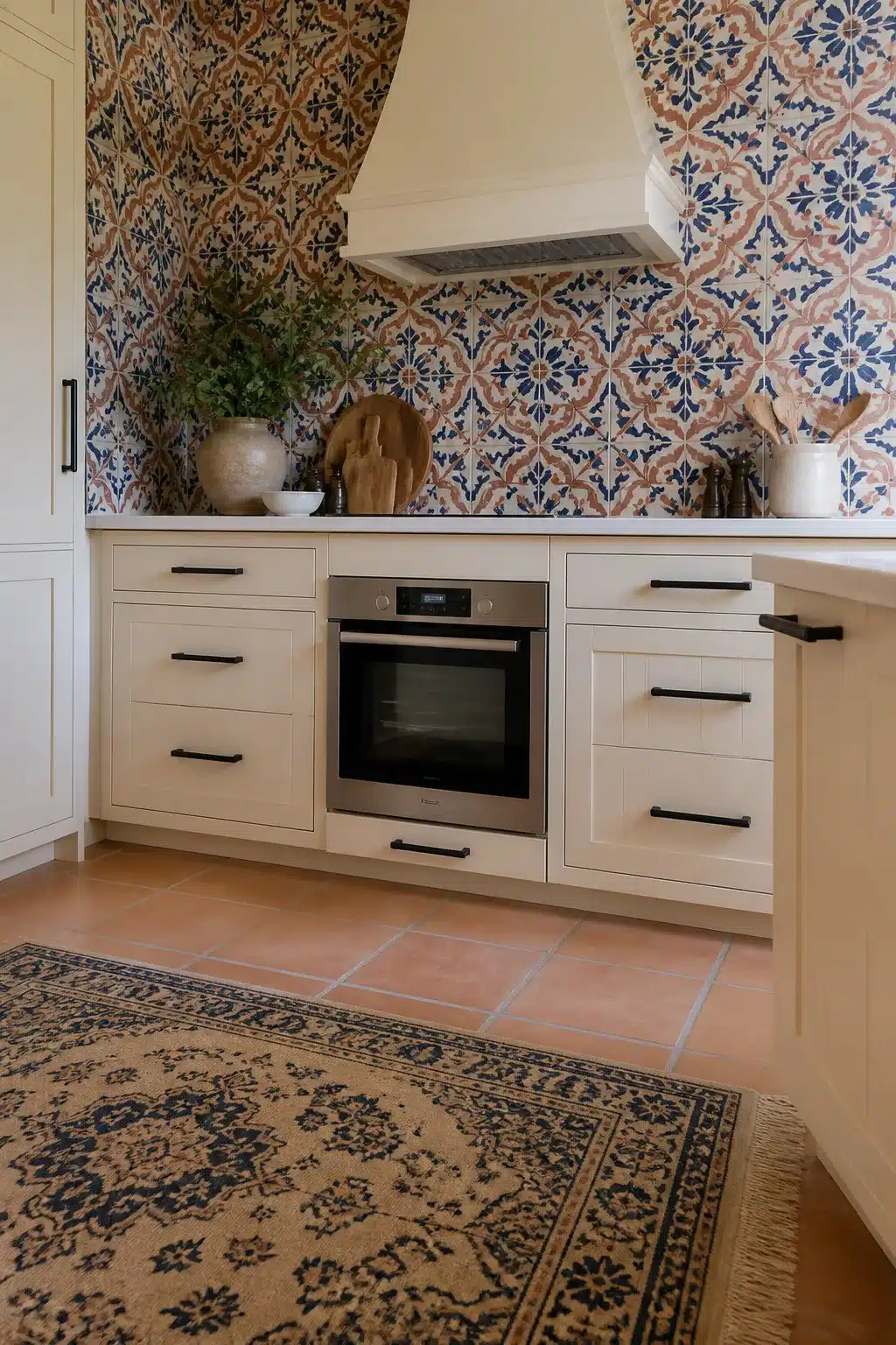 Cream kitchen with black handles, Moroccan tile backsplash, plaster range hood, and terracotta tile floor