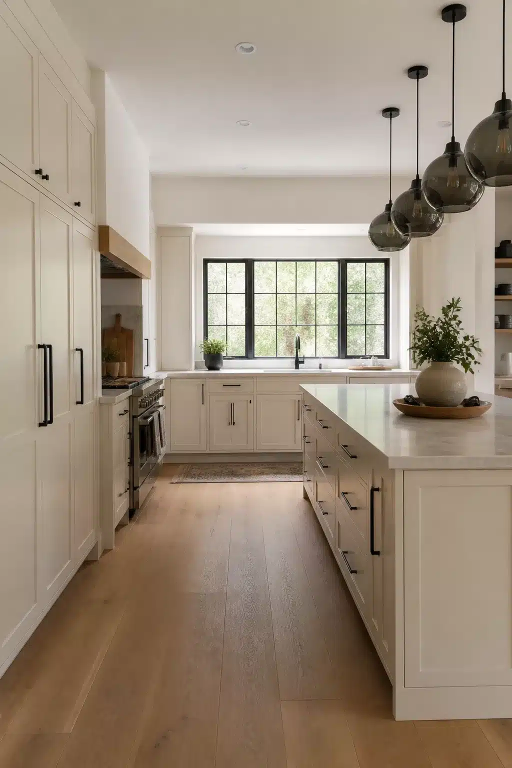 Cream kitchen with black handles, smoked glass pendant cluster, wide-plank oak floors, and a steel-framed picture window