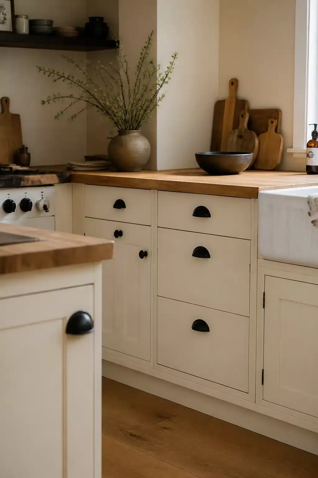 Cream kitchen with black cup pull handles, butcher block countertops, farmhouse sink, and warm wood accents