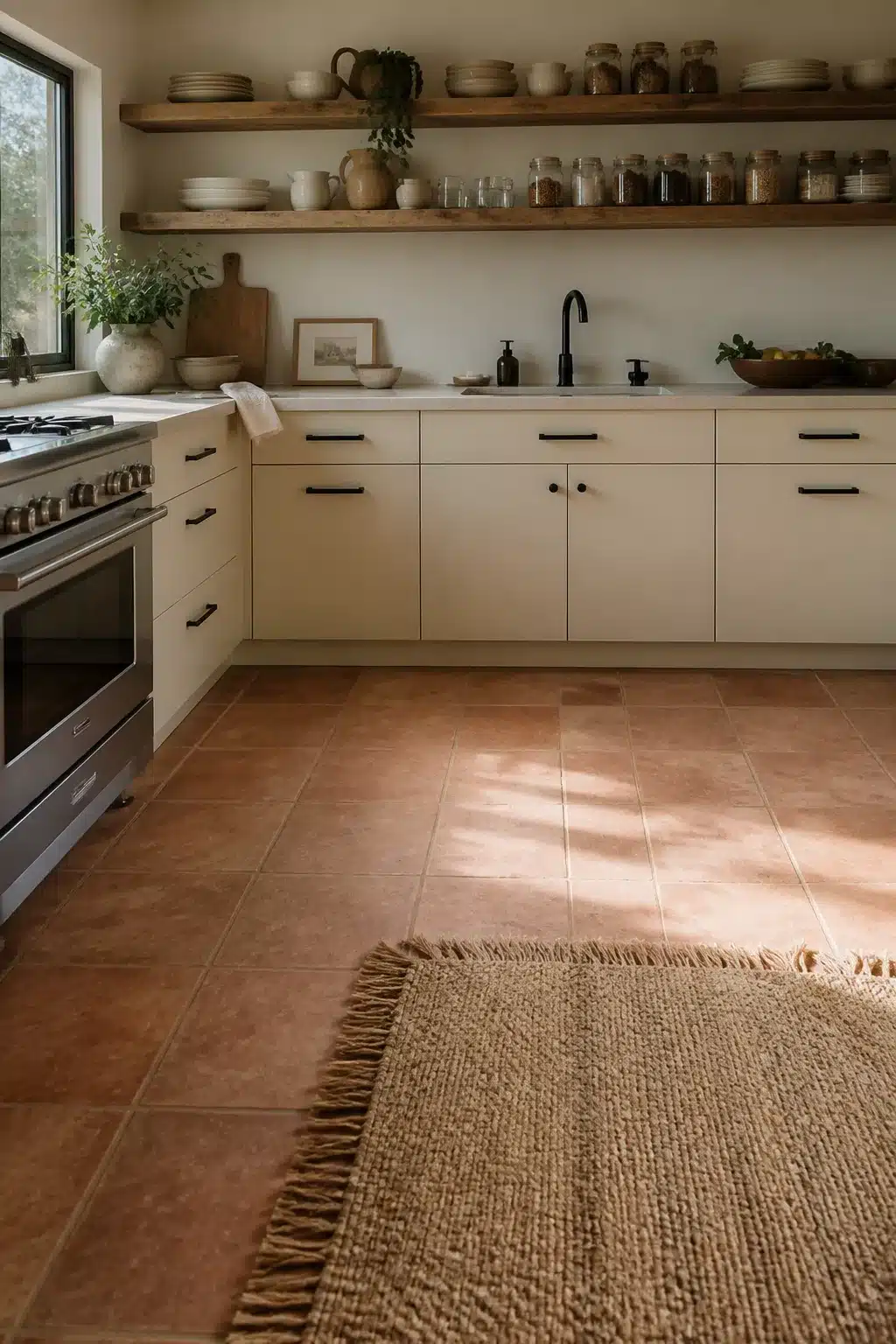 Cream kitchen with black handles, open wood shelves, terra cotta tile floor, and a jute rug