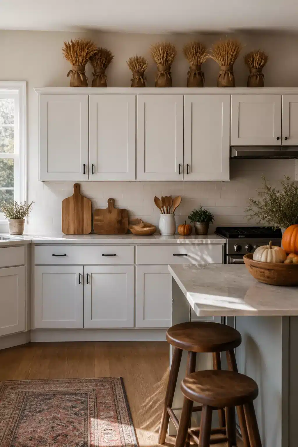 Fall kitchen cabinet decor with dried wheat bundles on white shaker cabinets, wooden cutting boards, and pumpkins