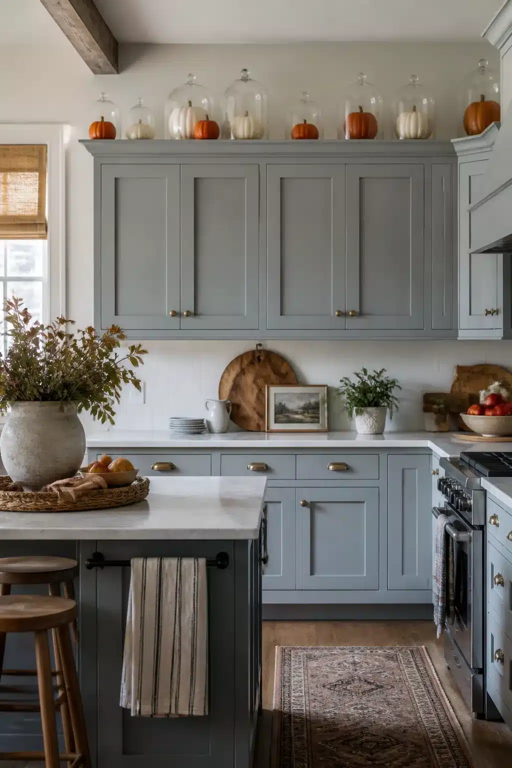 Fall kitchen cabinet decor with glass cloches holding mini orange and white pumpkins on gray shaker cabinets