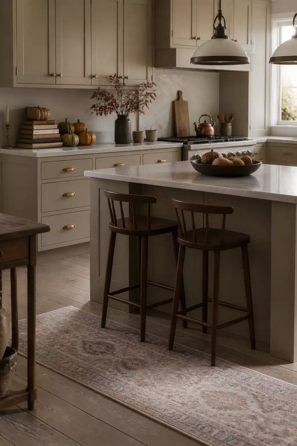 Fall kitchen cabinet decor with stacked books, mini gourds, and greige shaker cabinets with brass hardware