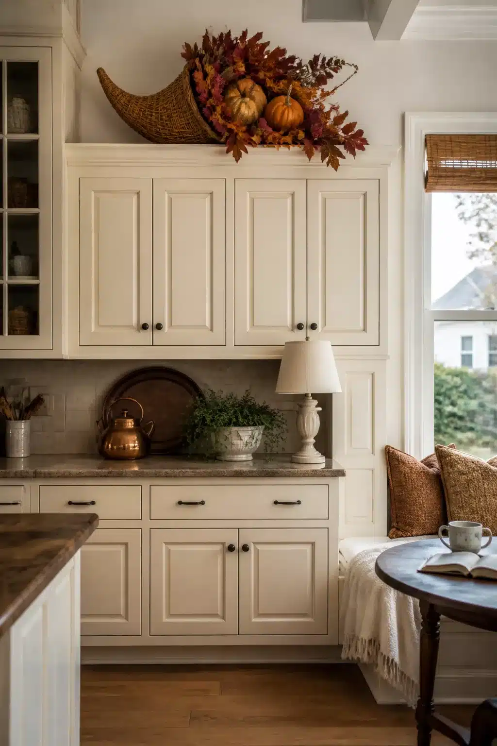 Fall kitchen cabinet decor with wicker cornucopia, pumpkins, and autumn foliage above cream inset cabinets