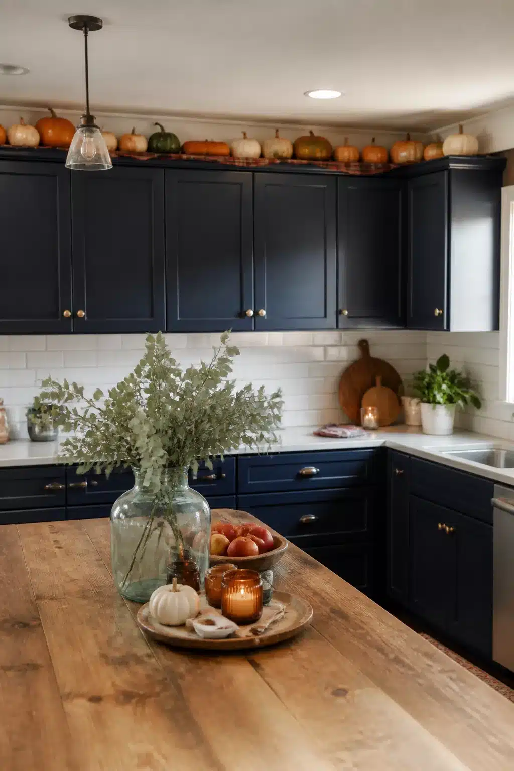 Fall kitchen cabinet decor with navy cabinets, brass hardware, and staggered pumpkins on a plaid runner above white subway tile.