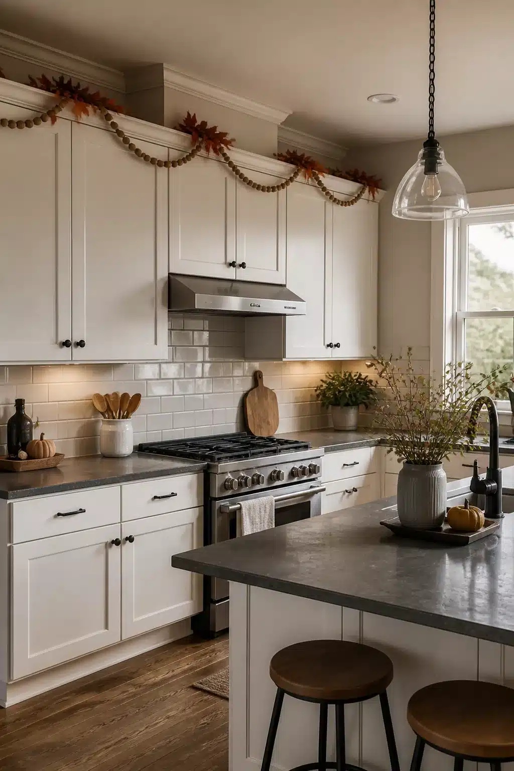 Fall kitchen cabinet decor with wooden bead garland and rust maple leaf picks on white shaker cabinets.