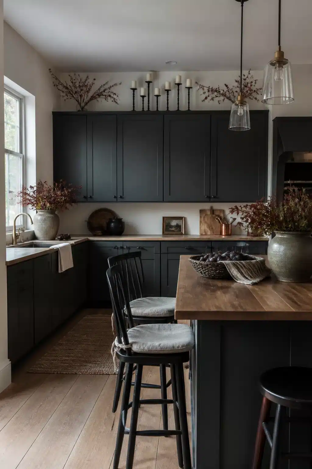 Fall kitchen cabinet decor with iron candelabra and dried rosehip branches on dark charcoal shaker cabinets