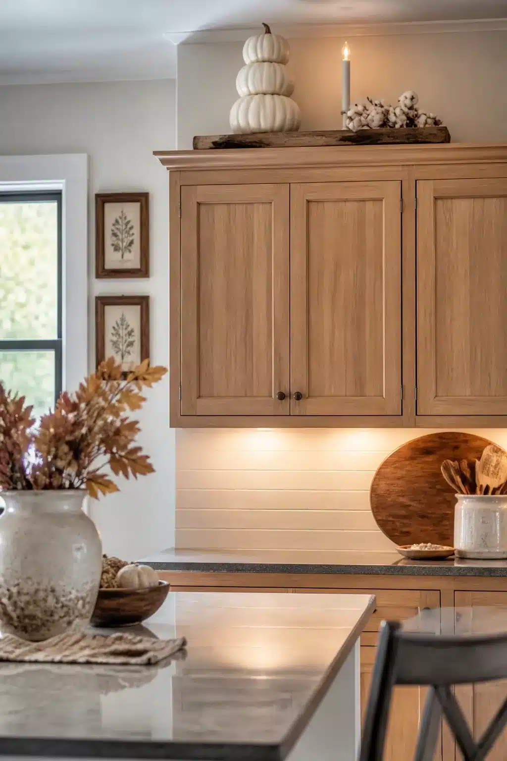 Fall kitchen cabinet decor with reclaimed wood tray, stacked white pumpkins, and taper candle on light oak cabinets
