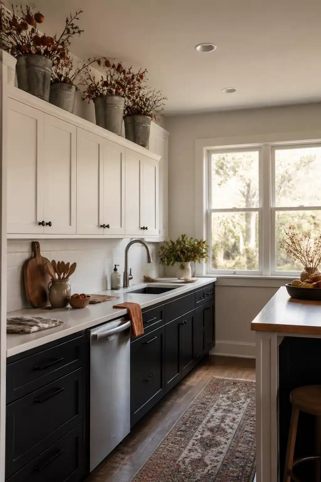 Fall kitchen cabinet decor with galvanized buckets and dried berry branches above white upper cabinets.