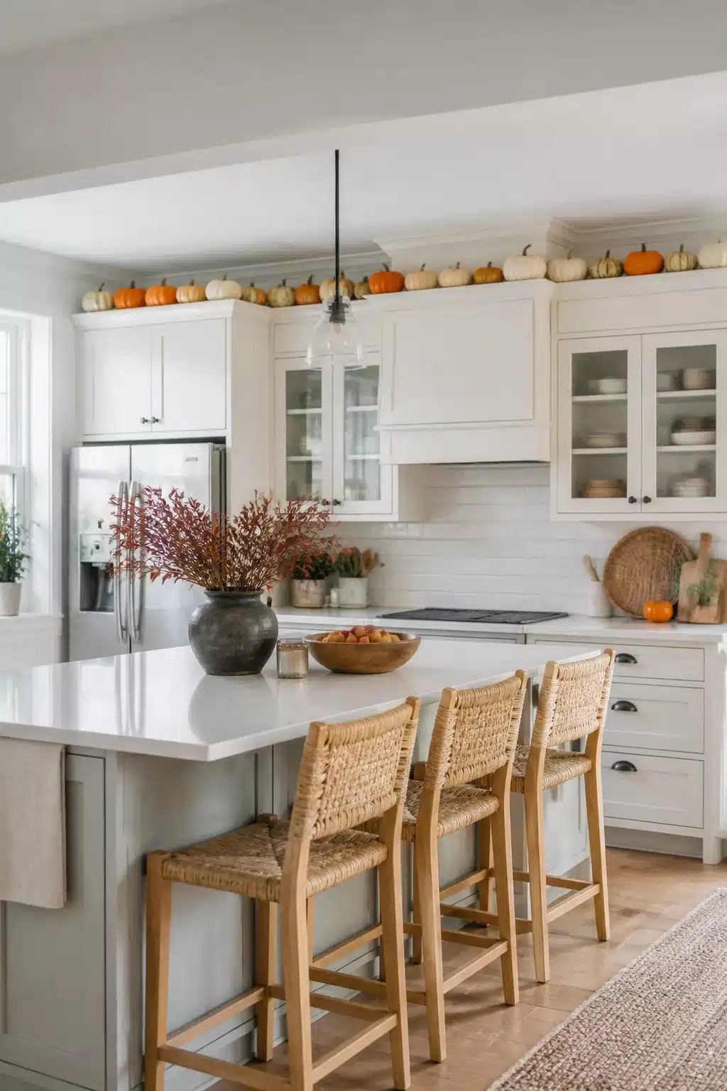 Fall kitchen cabinet decor with a row of mixed orange and white mini pumpkins on top of white shaker cabinets.