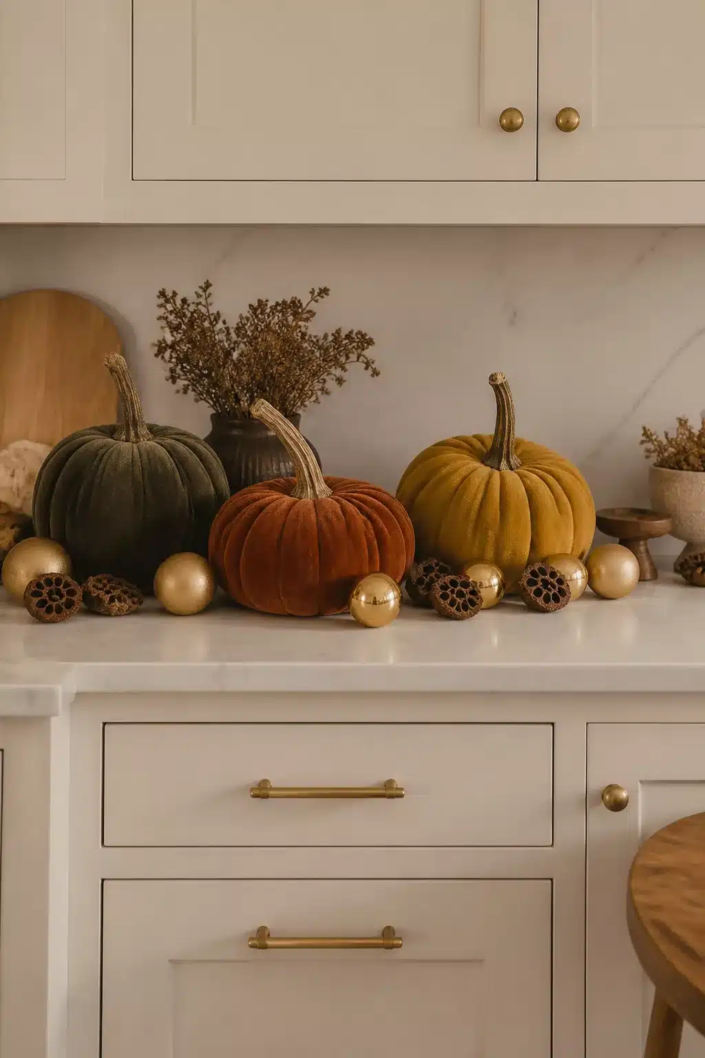 Fall kitchen cabinet decor with velvet pumpkins in green, rust, and mustard with gold ornaments on cream cabinets.