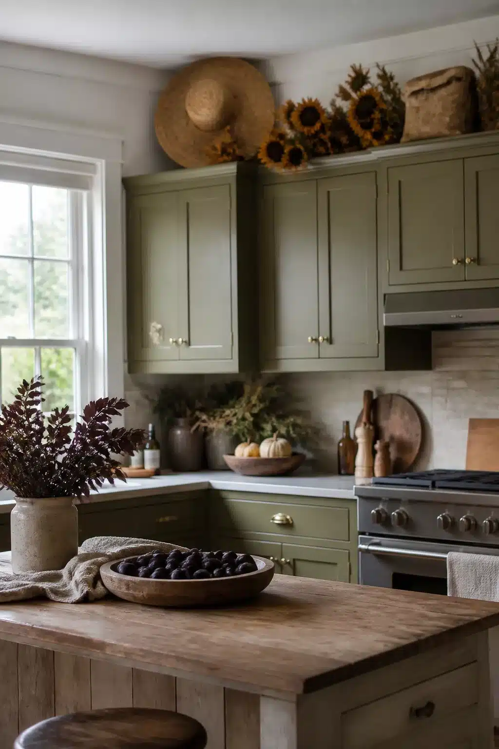 Fall kitchen cabinet decor with straw hat, dried sunflowers, and olive green cabinets with brass hardware.