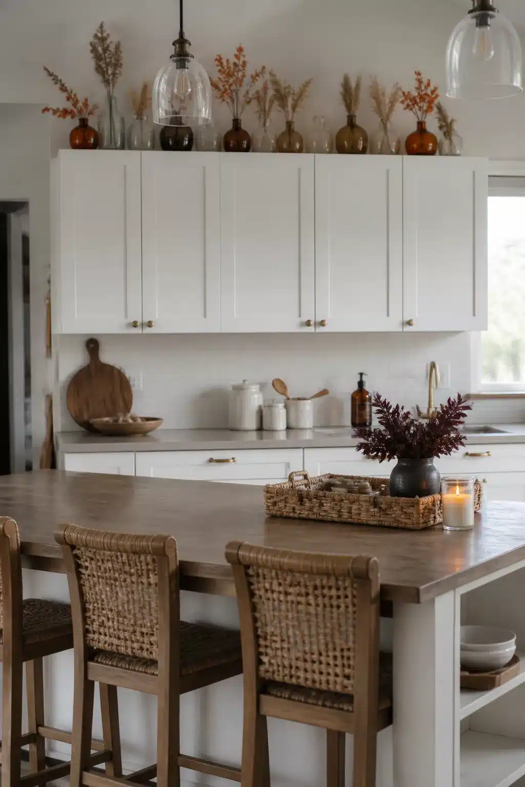 Fall kitchen cabinet decor with amber and smoke glass vases filled with dried pampas and rust botanicals above white shaker cabinets.