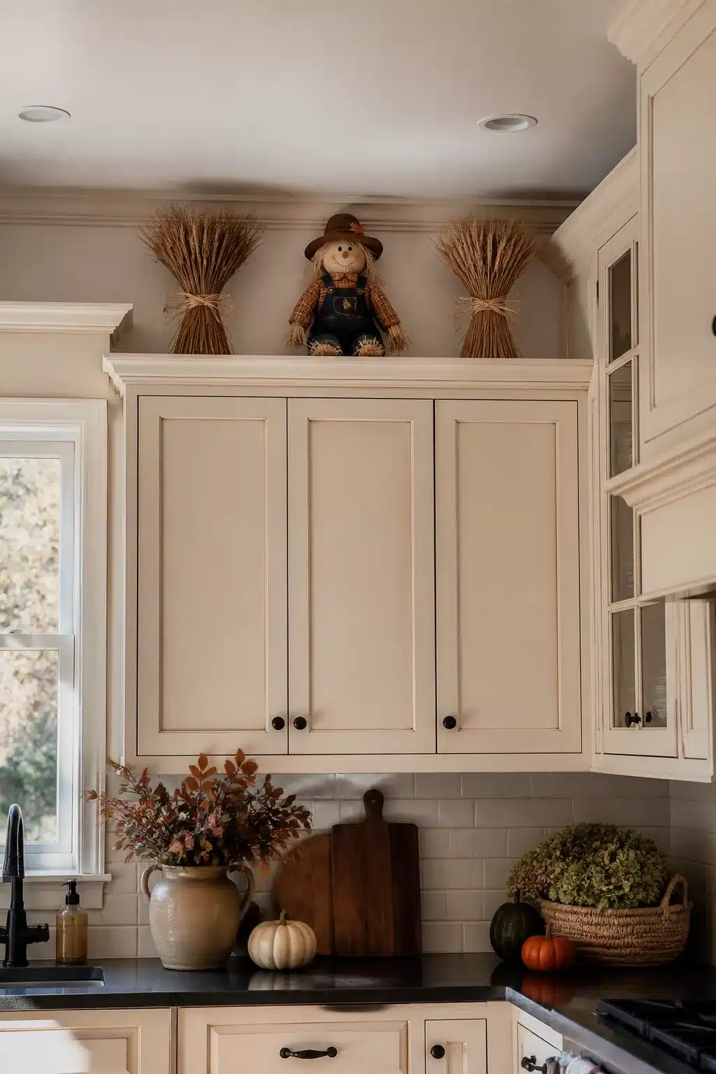 Fall kitchen cabinet decor with scarecrow figure and wheat sheaves on cream inset cabinets