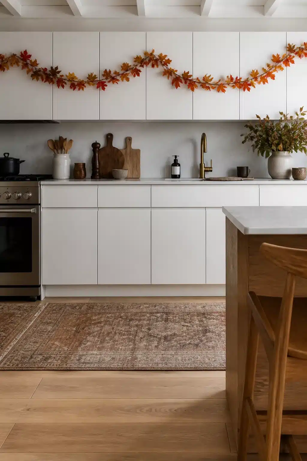 Fall kitchen cabinet decor with red and orange maple leaf garland draped across white flat-front cabinets.