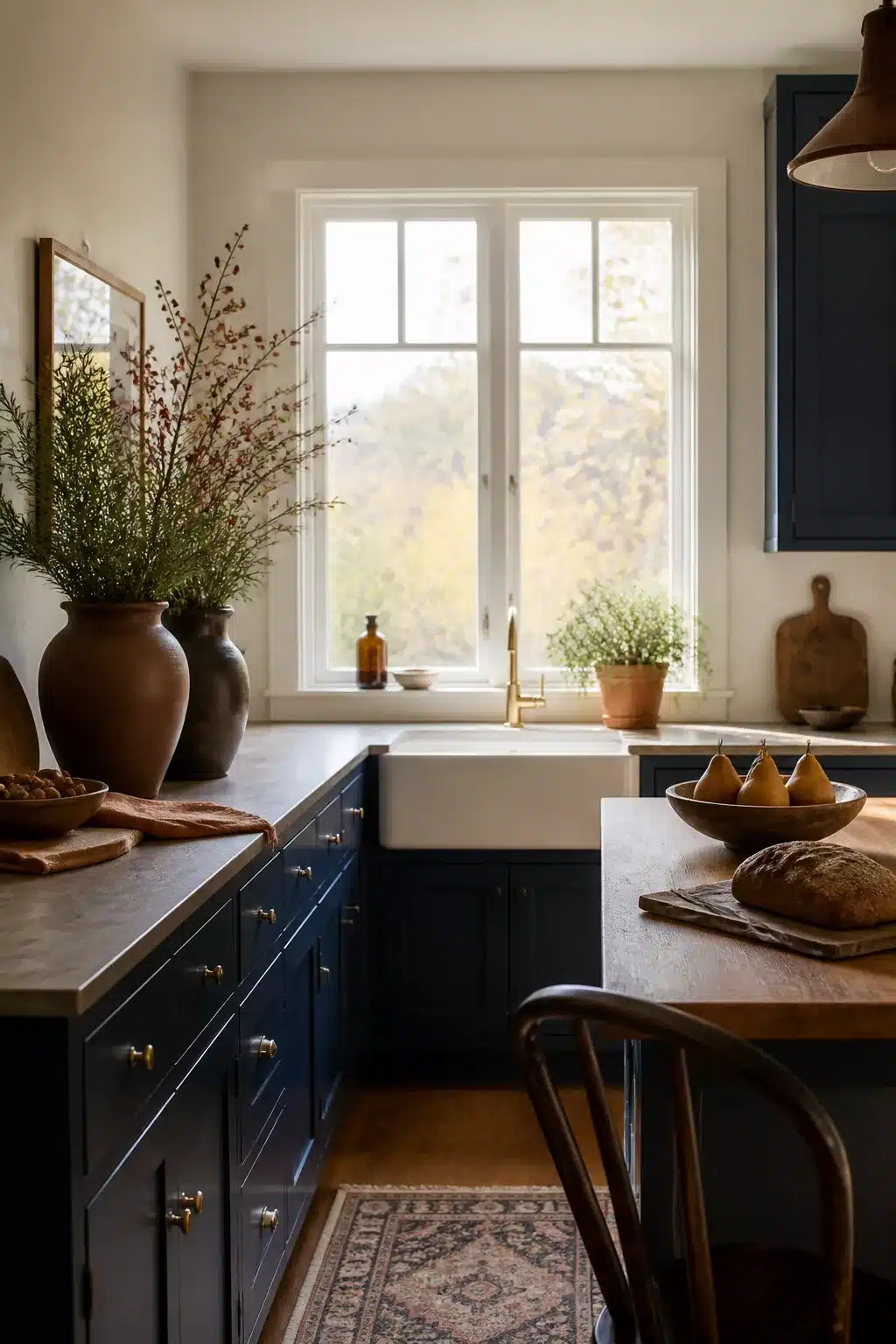 Fall kitchen cabinet decor with navy cabinets, stoneware jugs, dried berry stems, and brass hardware.