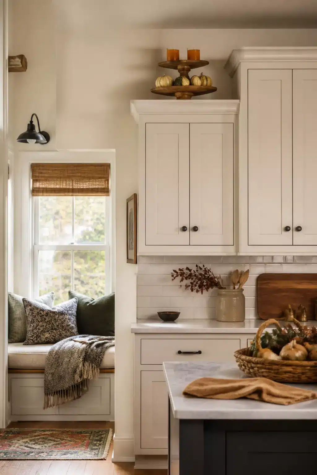 Fall kitchen cabinet decor with a tiered wooden stand, mini gourds, and candles on cream shaker cabinets.