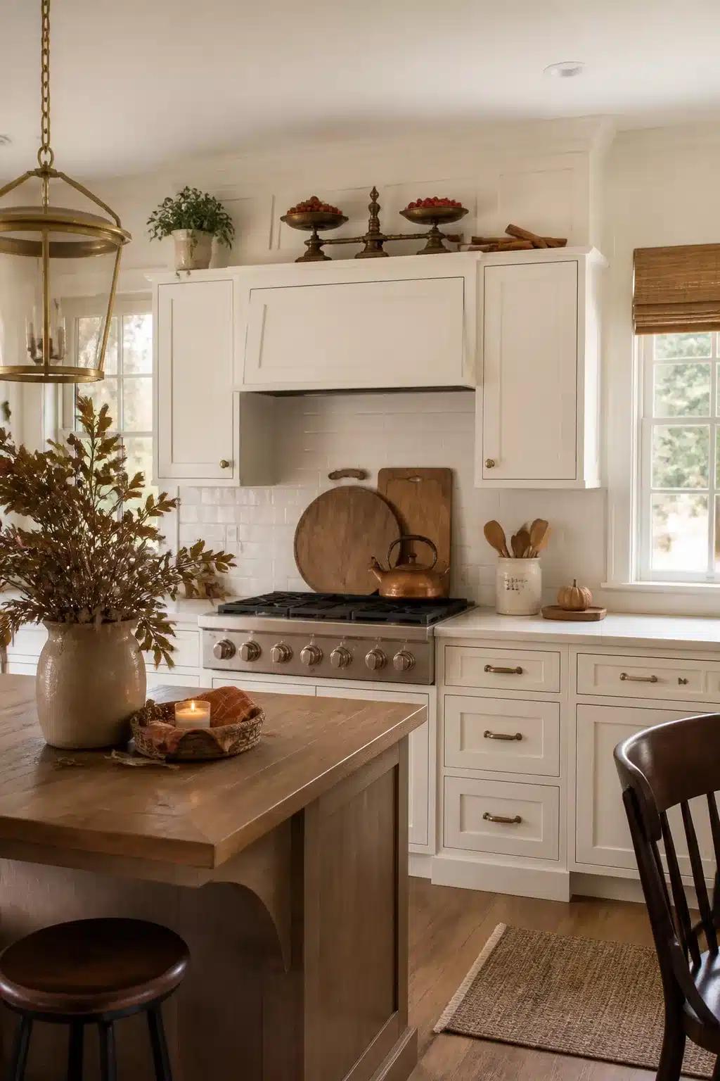 Fall kitchen cabinet decor with brass candlestick, red crabapple bowls, and cream shaker cabinets.
