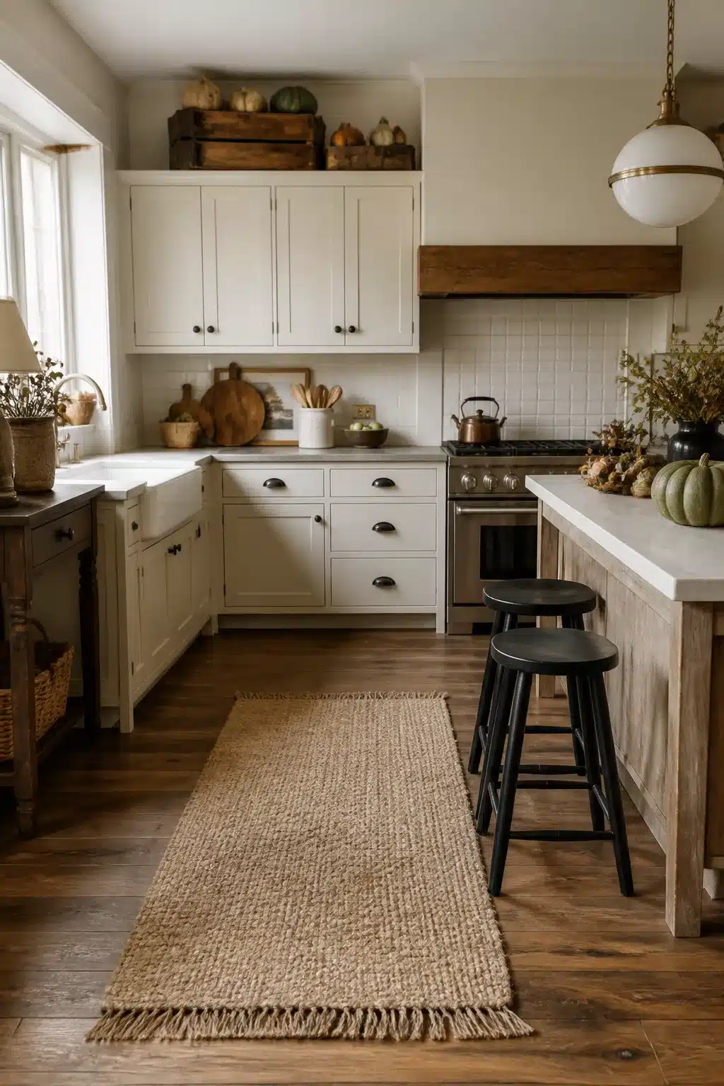 Fall kitchen cabinet decor with stacked vintage wooden crates and mixed gourds above white shaker cabinets.