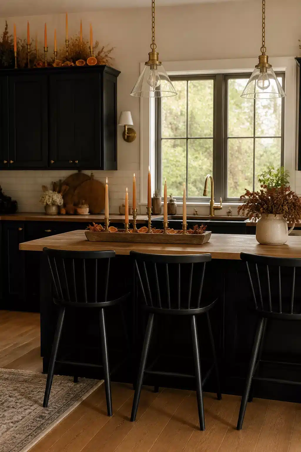 Fall kitchen cabinet decor with black cabinets, butcher block island, and orange taper candle tray centerpiece.