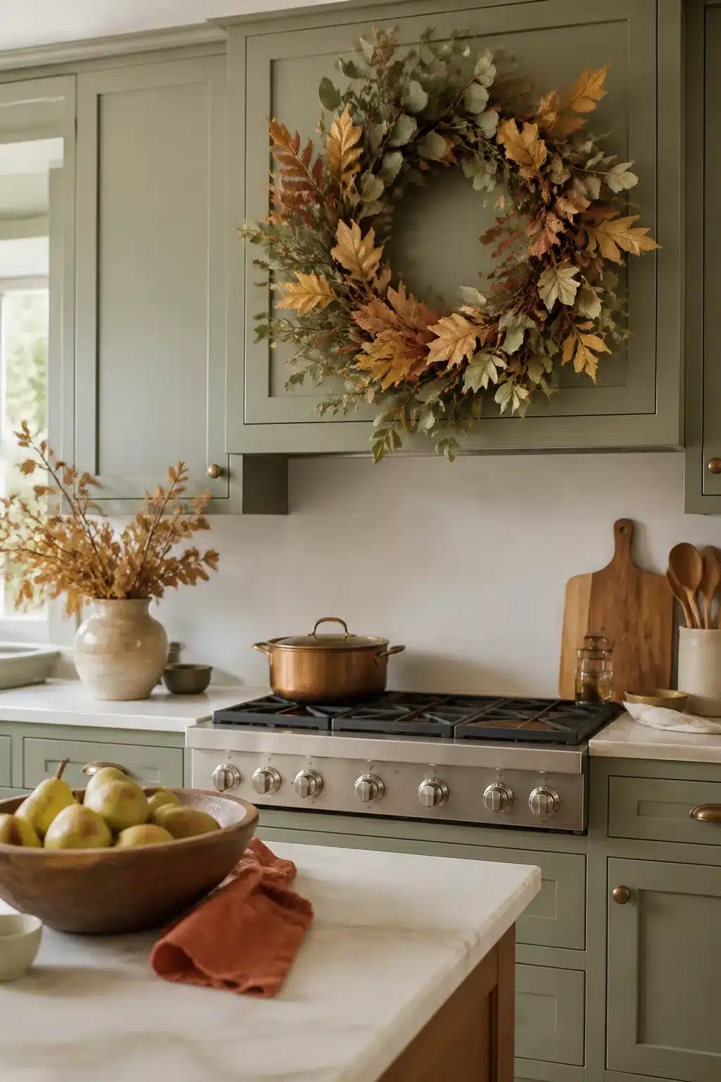 Fall kitchen cabinet decor with eucalyptus wreath above range hood on sage green shaker cabinets