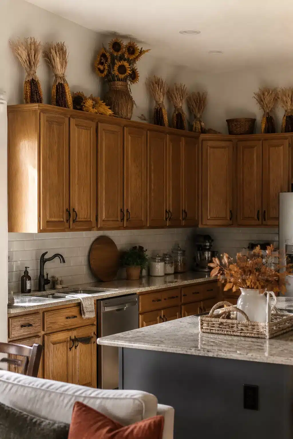Fall kitchen cabinet decor with dried sunflowers, harvest corn bundles, and wheat above warm oak cabinets