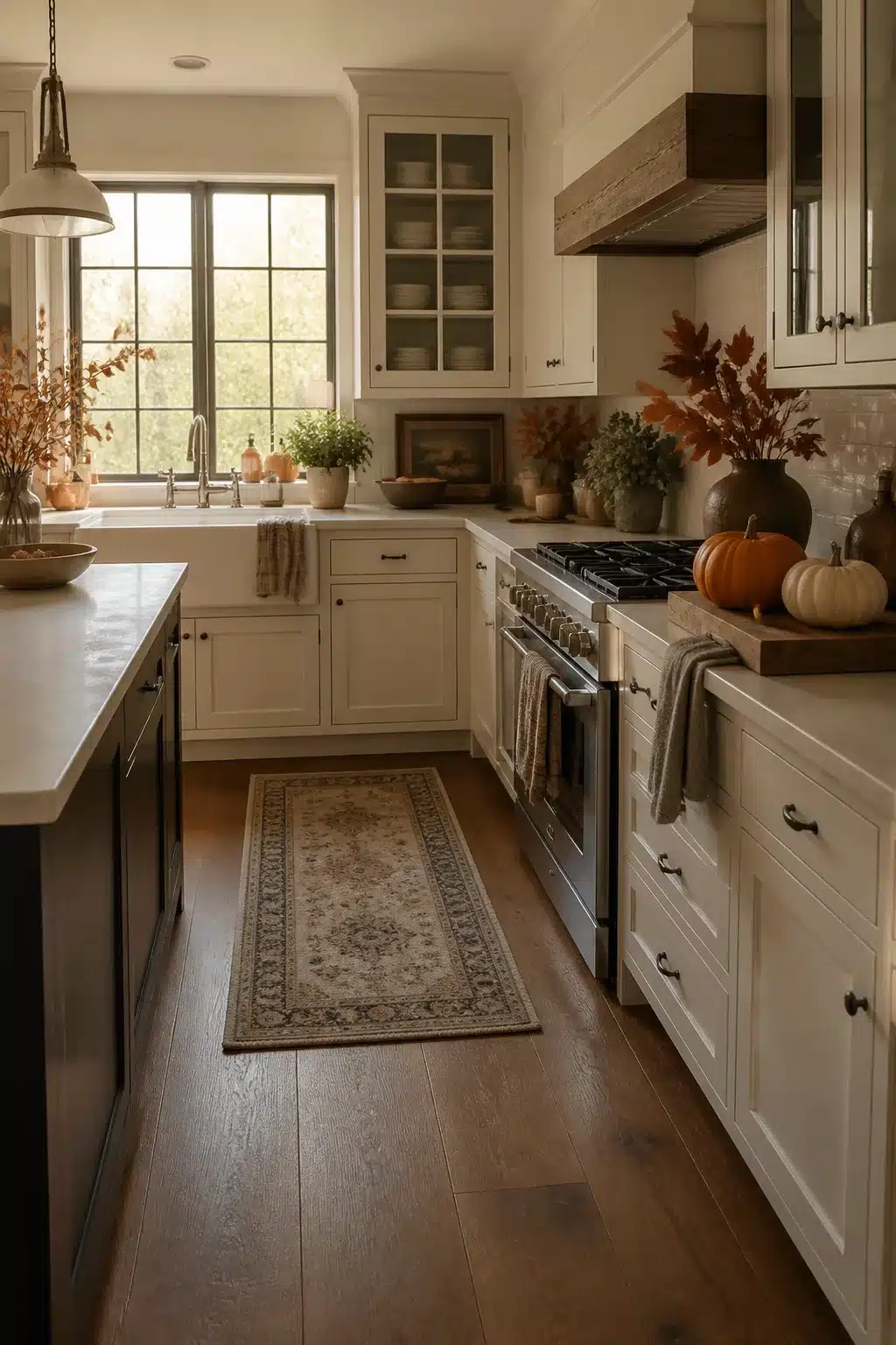 Fall kitchen decor with orange pumpkin trio on a dark wood cutting board beside a stainless range.