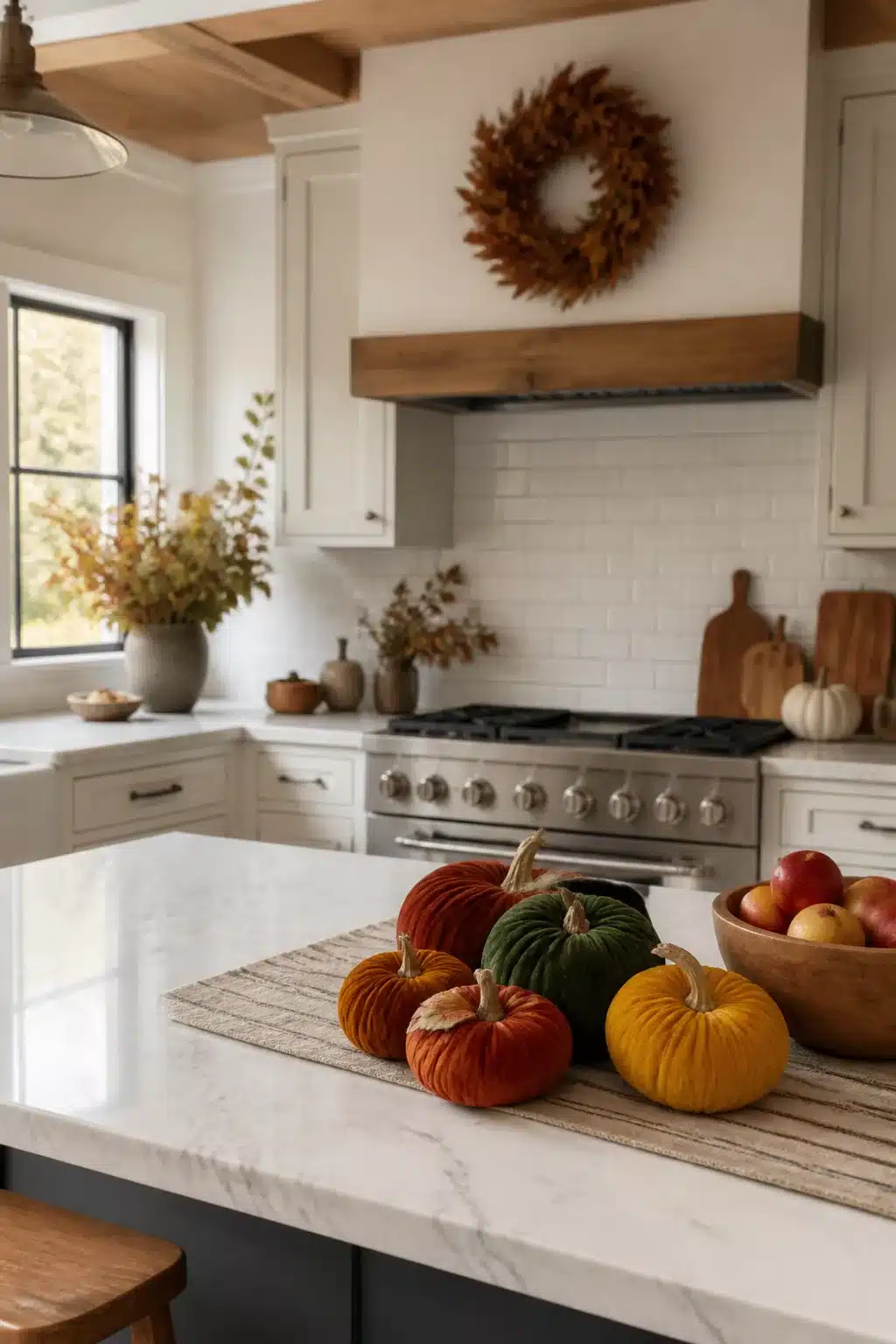 Velvet pumpkins in rust, green, and mustard on a marble kitchen island — fall kitchen decor idea