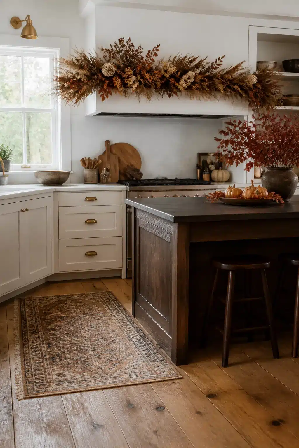 Fall kitchen decor with a dried floral garland over the range hood, white shaker cabinets, and dark wood island.