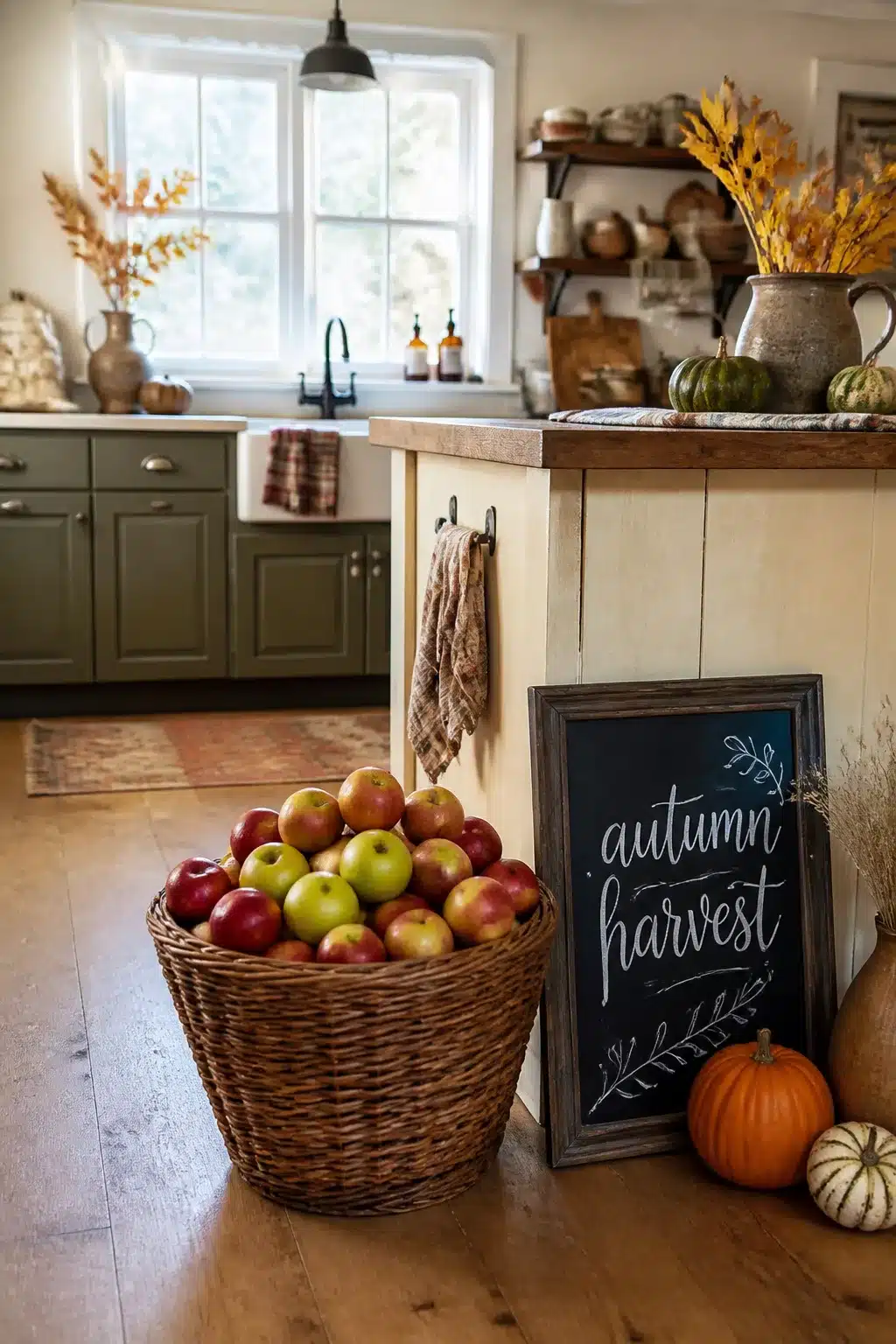 Wicker basket overflowing with red and green apples in an olive green fall kitchen decor setup with pumpkins and open shelves.