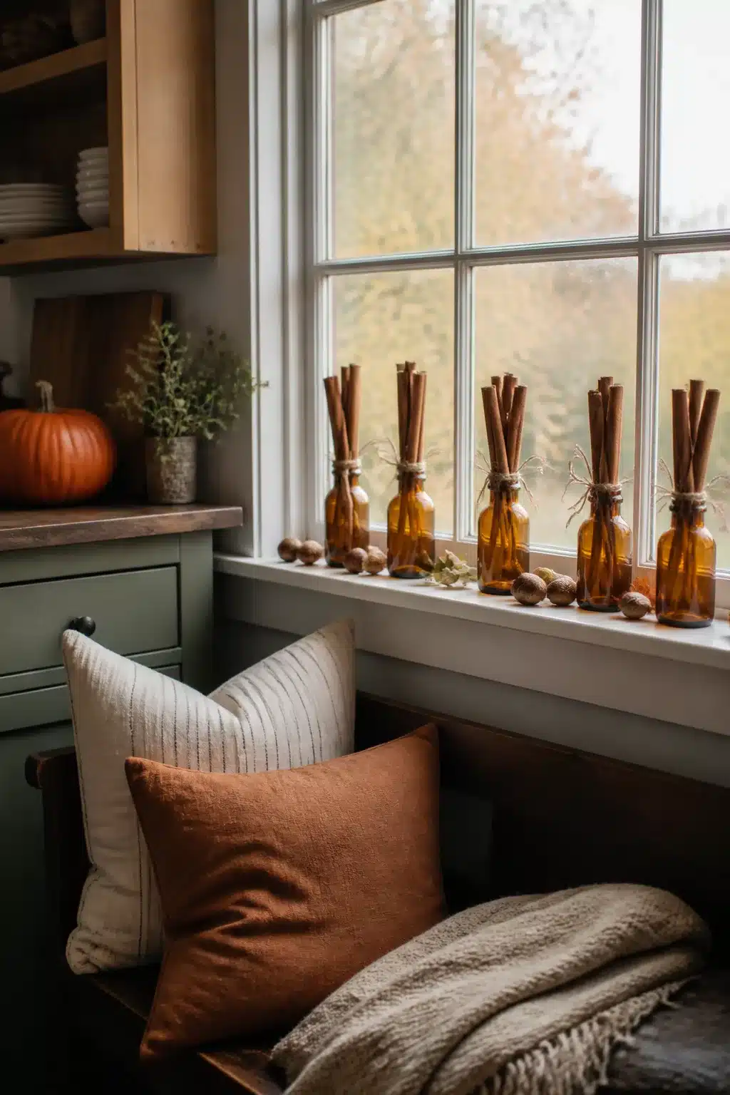 Fall kitchen decor with amber bottles, cinnamon stick bundles, and acorns on a white windowsill