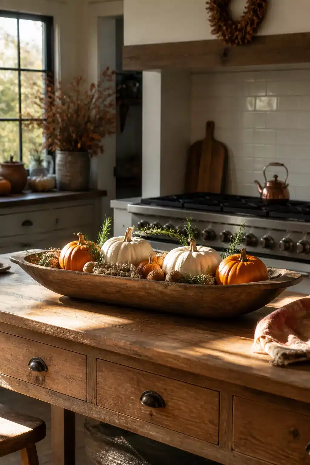 Rustic dough bowl with white and orange mini pumpkins on a wood island — fall kitchen decor idea