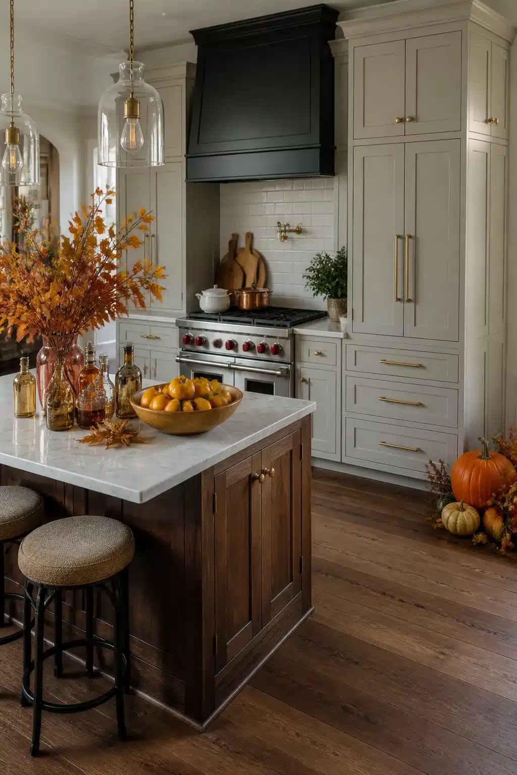 Fall kitchen decor with gold bowl, brass hardware, amber glassware, and autumn branches on a marble island.
